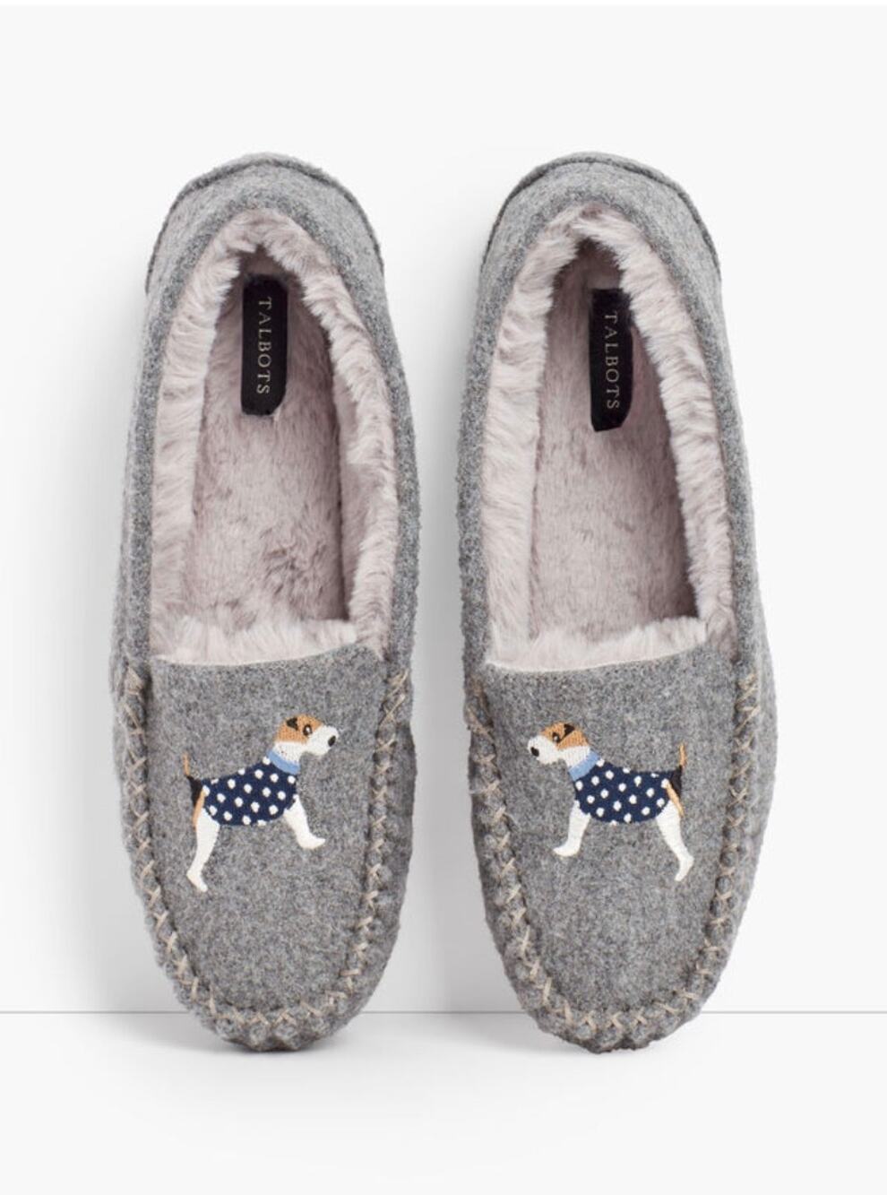 Ruby Shearling Womens 8 Gray Dog Embroidered Moccasin Slippers Cozy NEW Casual